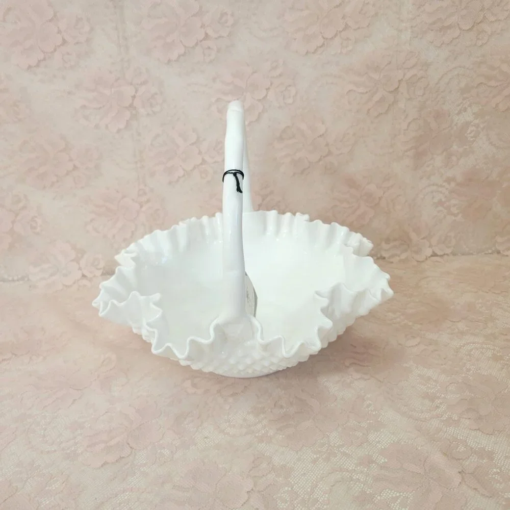 Fenton Hobnail Milk Glass Basket in Original Box with Tag - Picture 6 of 7